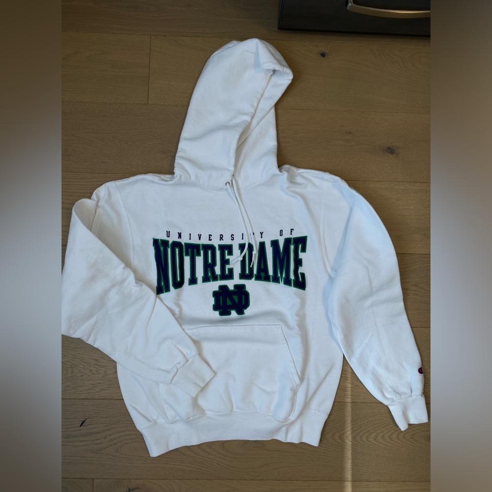 Notre Dame Champion White Hoodie with Green & Blue Tag